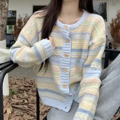 Knit Cardigans|Striped Sweaters*Boogzel Clothing & Yellow Pastel Striped Cardigan Blue