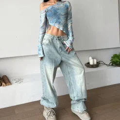 Y2K Tops|Long Sleeve Tops*Boogzel Clothing Marble Asymmetrical Crop Top Blue