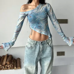 Y2K Tops|Long Sleeve Tops*Boogzel Clothing Marble Asymmetrical Crop Top Blue