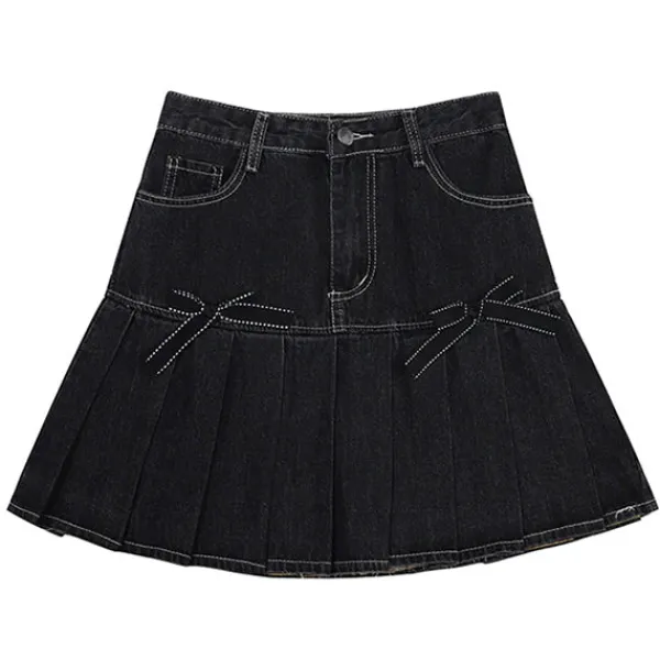Skirts*Boogzel Clothing Bow Denim Pleated Skirt DarkBlue