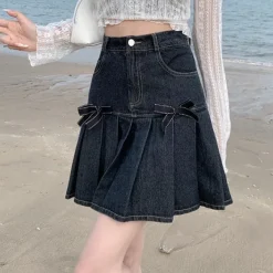 Skirts*Boogzel Clothing Bow Denim Pleated Skirt DarkBlue