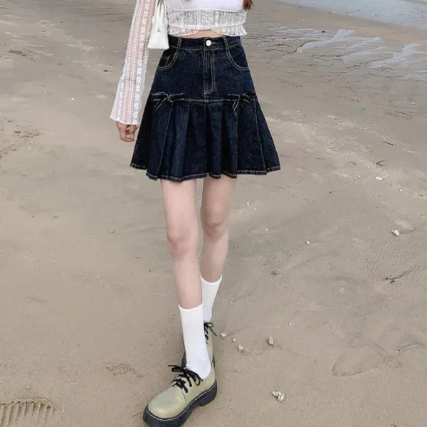 Skirts*Boogzel Clothing Bow Denim Pleated Skirt DarkBlue