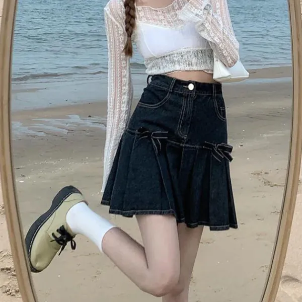 Skirts*Boogzel Clothing Bow Denim Pleated Skirt DarkBlue