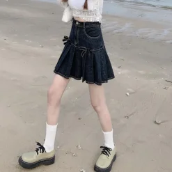 Skirts*Boogzel Clothing Bow Denim Pleated Skirt DarkBlue