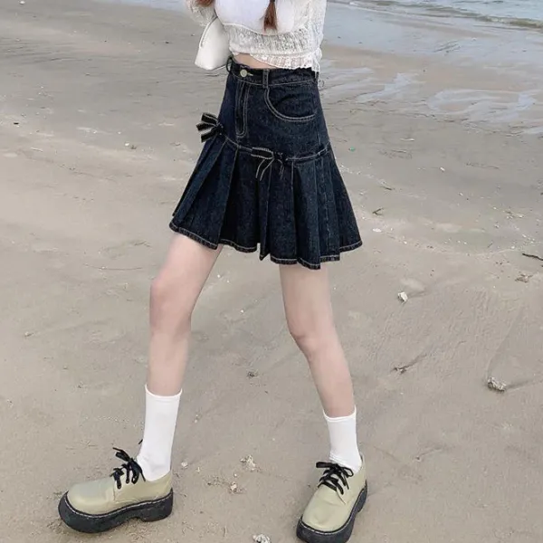 Skirts*Boogzel Clothing Bow Denim Pleated Skirt DarkBlue