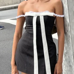 Dresses & Rompers*Boogzel Clothing Bow Lace Striped Mini Dress Black/white