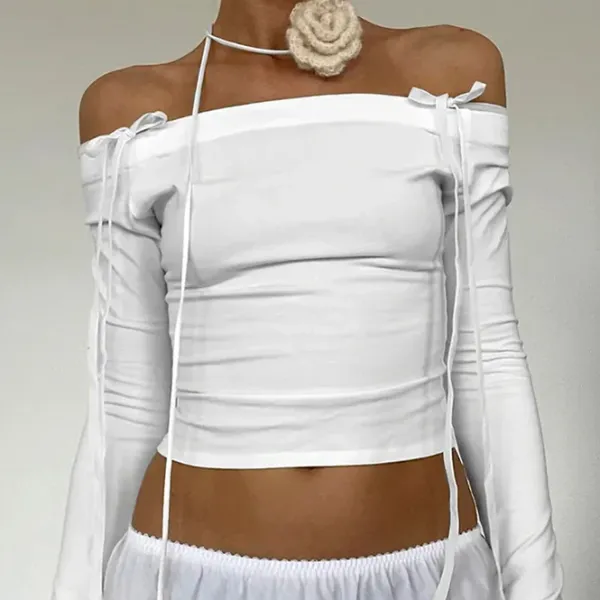 Long Sleeve Tops*Boogzel Clothing Bow Off-Shoulder Long Sleeve Top White