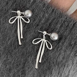 Earrings|Necklaces & Chokers*Boogzel Clothing Bow Pendant Pearl Earrings Silver