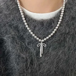 Necklaces & Chokers*Boogzel Clothing Bow Pendant Pearl Necklace Silver