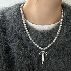 Necklaces & Chokers*Boogzel Clothing Bow Pendant Pearl Necklace Silver