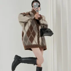 Argyle Sweaters & Vests|Knit Cardigans*Boogzel Clothing Argyle Fuzzy Cardigan Brown