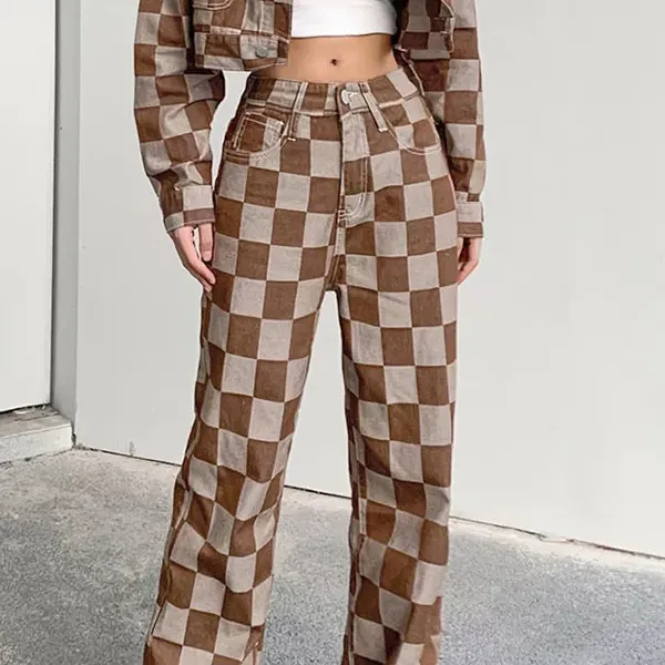 Jeans*Boogzel Clothing Checkered Jeans Brown