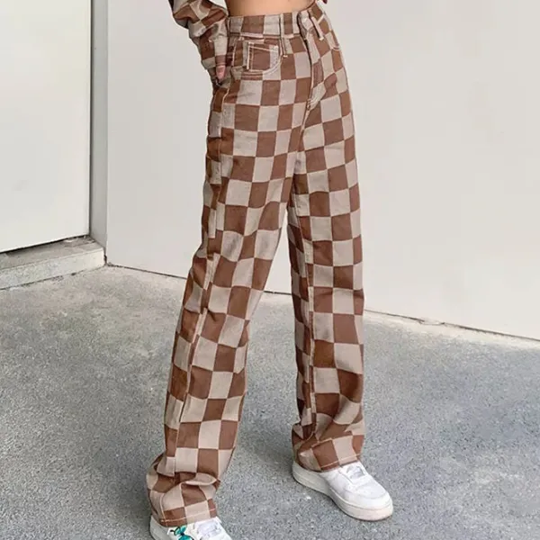Jeans*Boogzel Clothing Checkered Jeans Brown