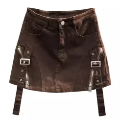 Skirts*Boogzel Clothing Denim Buckle Skirt Brown