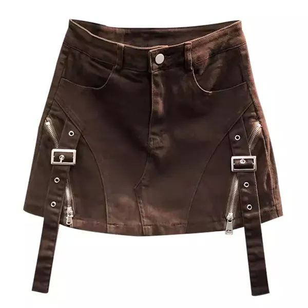 Skirts*Boogzel Clothing Denim Buckle Skirt Brown