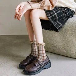 Socks*Boogzel Clothing Plaid Frilly Socks Brown