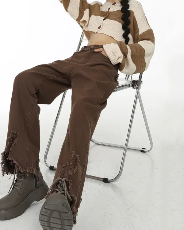 Jeans*Boogzel Clothing Brown Straight Leg Distressed Jeans