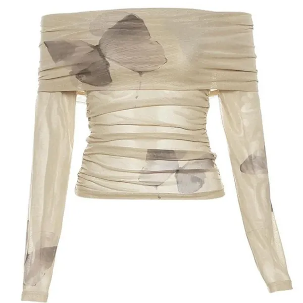 Long Sleeve Tops*Boogzel Clothing Butterfly Aesthetic Bardot Top Beige