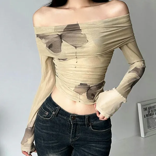 Long Sleeve Tops*Boogzel Clothing Butterfly Aesthetic Bardot Top Beige