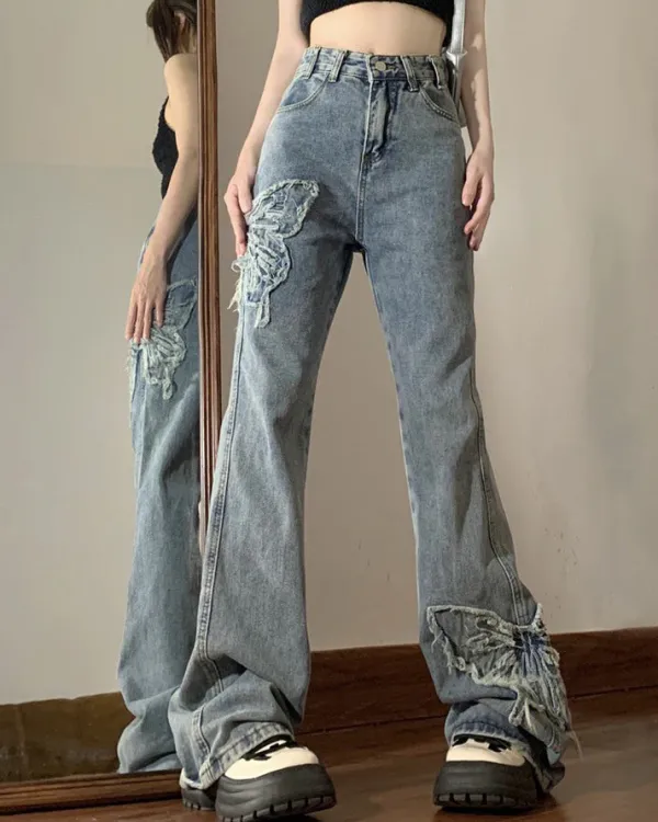 Jeans*Boogzel Clothing Butterfly Aesthetic Y2K Flare Jeans Grey