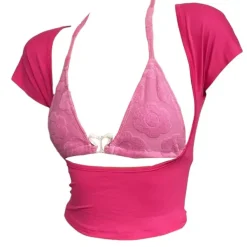 Y2K Tops|Crop Tops*Boogzel Clothing Butterfly Bikini Top with Short Sleeve Tee Pink