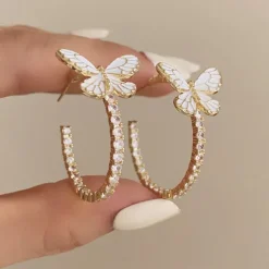 Earrings*Boogzel Clothing Butterfly Crystal Hoop Earrings Gold/white