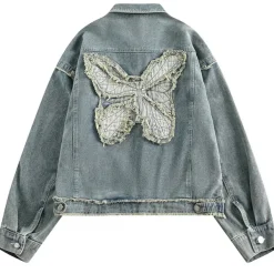 Coats & Jackets*Boogzel Clothing Butterfly Patch Y2K Denim Jacket Blue