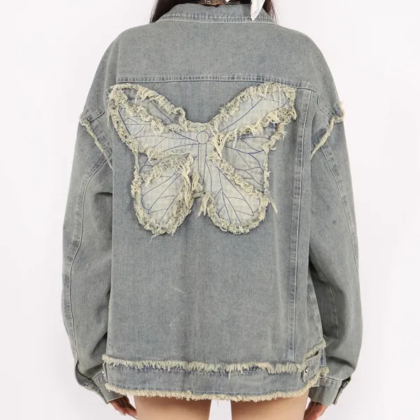 Coats & Jackets*Boogzel Clothing Butterfly Patch Y2K Denim Jacket Blue