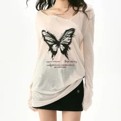 Y2K Tops|Long Sleeve Tops*Boogzel Clothing Butterfly Print See Through Top White/black