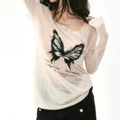 Y2K Tops|Long Sleeve Tops*Boogzel Clothing Butterfly Print See Through Top White/black