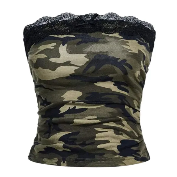 Y2K Tops|Crop Tops*Boogzel Clothing Camouflage Lace Tube Top Green