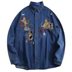 Mens*Boogzel Clothing Cat Embroidery Vintage Style Denim Shirt Blue