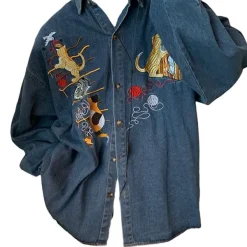 Mens*Boogzel Clothing Cat Embroidery Vintage Style Denim Shirt Blue