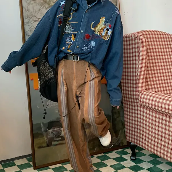 Mens*Boogzel Clothing Cat Embroidery Vintage Style Denim Shirt Blue