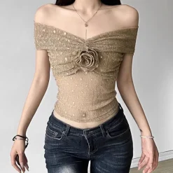 Crop Tops*Boogzel Clothing Charming Rose Bardot Mesh Top Beige