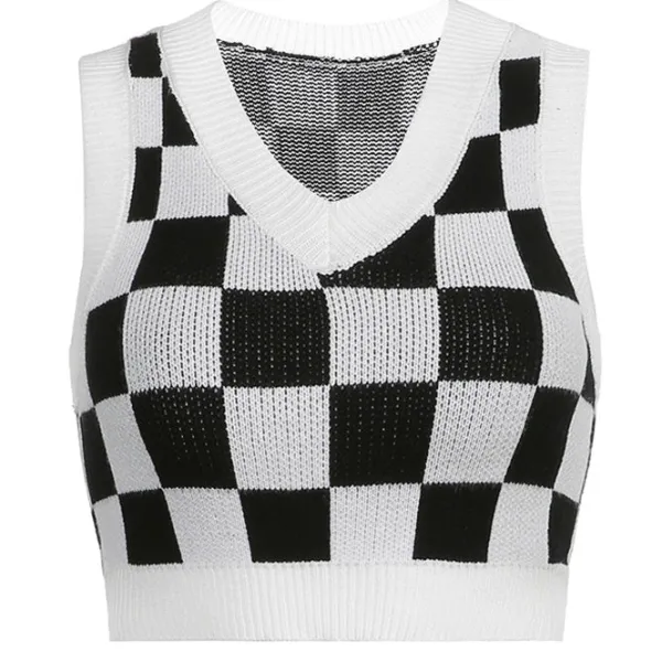 Knit Vests|Crop Tops*Boogzel Clothing Check On It Knit Vest White/black