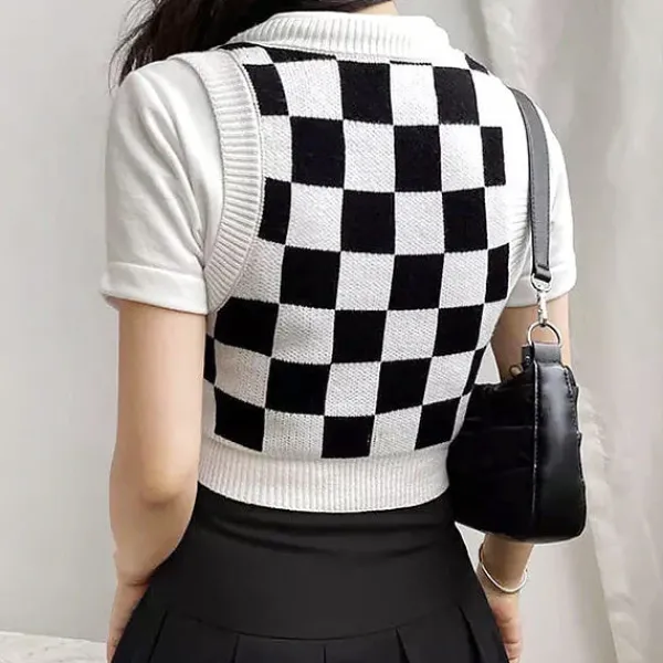 Knit Vests|Crop Tops*Boogzel Clothing Check On It Knit Vest White/black