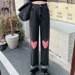 Jeans*Boogzel Clothing Checker Heart Wide Jeans