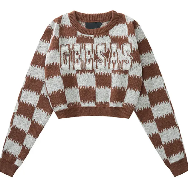 Sweaters*Boogzel Clothing Checkered Fuzzy Crop Sweater
