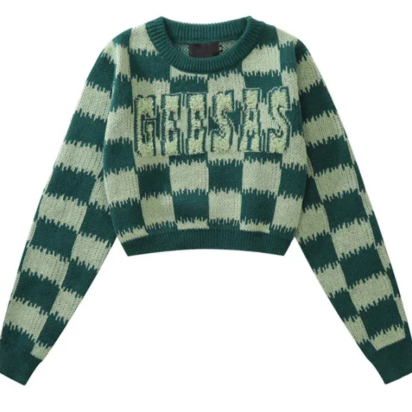 Sweaters*Boogzel Clothing Checkered Fuzzy Crop Sweater