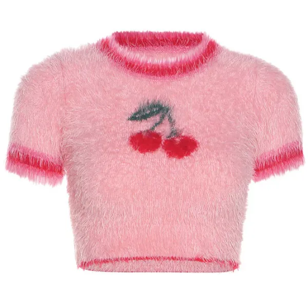 Crop Tops*Boogzel Clothing Cherry Fuzzy Crop Top Pink