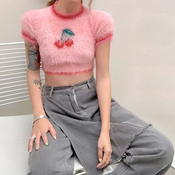 Crop Tops*Boogzel Clothing Cherry Fuzzy Crop Top Pink