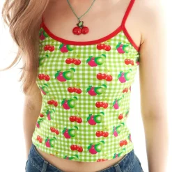 Y2K Tops*Boogzel Clothing Cherry Print Gingham Top Green/red