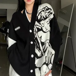 Knit Cardigans*Boogzel Clothing Cherub Aesthetic Asymmetrical Cardigan Black/white