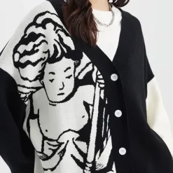 Knit Cardigans*Boogzel Clothing Cherub Aesthetic Asymmetrical Cardigan Black/white