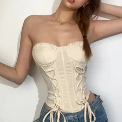 Y2K Tops|Corset Tops*Boogzel Clothing Clean Girl Aesthetic Lace Up Corset Beige
