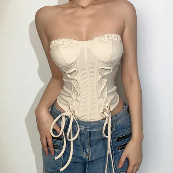 Y2K Tops|Corset Tops*Boogzel Clothing Clean Girl Aesthetic Lace Up Corset Beige