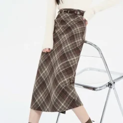 Skirts*Boogzel Clothing Coffee Cream Plaid Midi Skirt Brown