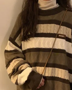 Striped Sweaters|Sweaters*Boogzel Clothing Coffee Cream Striped Oversize Sweater Brown