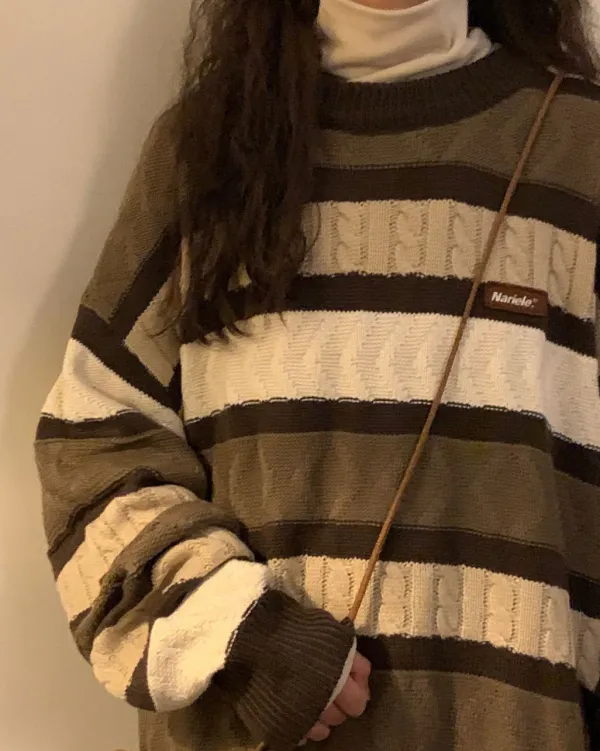 Striped Sweaters|Sweaters*Boogzel Clothing Coffee Cream Striped Oversize Sweater Brown